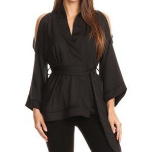 100% Satin Black Kimono Cutout Sleeve Top